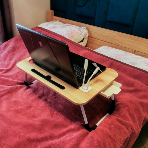 Laptop asztal pohártartóval + USB ventilátor, lámpa