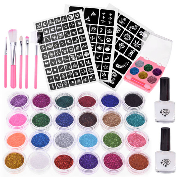 Csillám tetováló készlet 24 színű Inlea4Fun GLITTER TATTOS KIT + Sablonok 