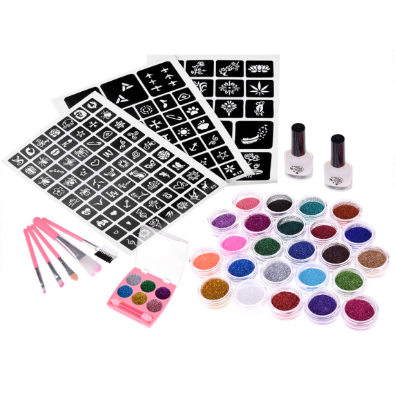 Csillám tetováló készlet 24 színű Inlea4Fun GLITTER TATTOS KIT + Sablonok 