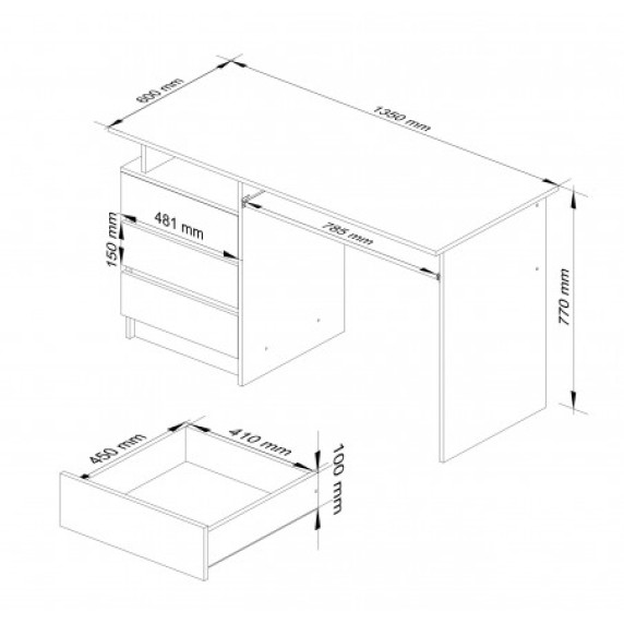 Íróasztal 3 fiókkal és kihúzható billentyűzet tartóval 135 cm AKORD CLP - sonoma tölgy/fehér