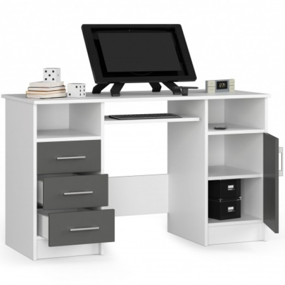 Íróasztal fiókokkal, szekrénnyel és kihúzható billentyűzet tartóval 124 x 74 x 52 cm AKORD ANA - fehér/szürke